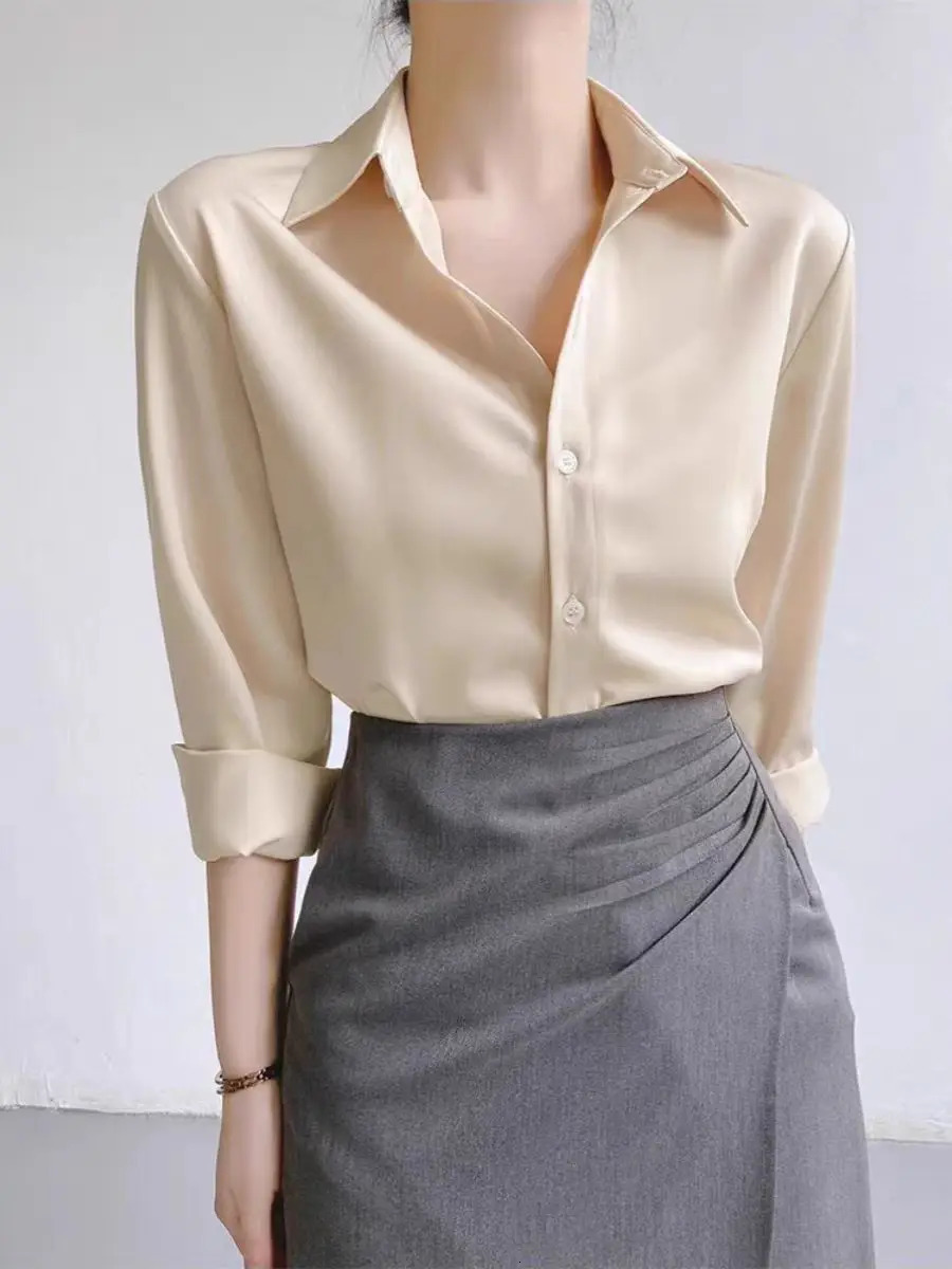 Simple Womens Satin Shirts Thin Spring Solid Color Long Sleeve Advanced Sense Top Office Elegant Ladies Work Wear Fashion 250617