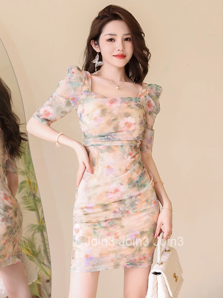 Summer Elegant Women Evening Dress Mesh Floral Square Collar Folds Slim Mini Party Club Prom Beach Femme Mujer Stretchy Vestidos