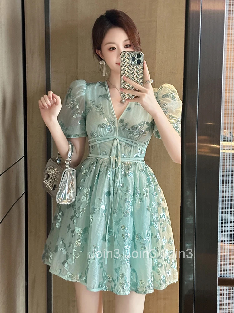 Summer Sparkly Sequin Vacation Gown Evening Dress Women Clothes Sweet Puff Sleeve A-Line Mini Short Party Prom Vestidos Fiesta