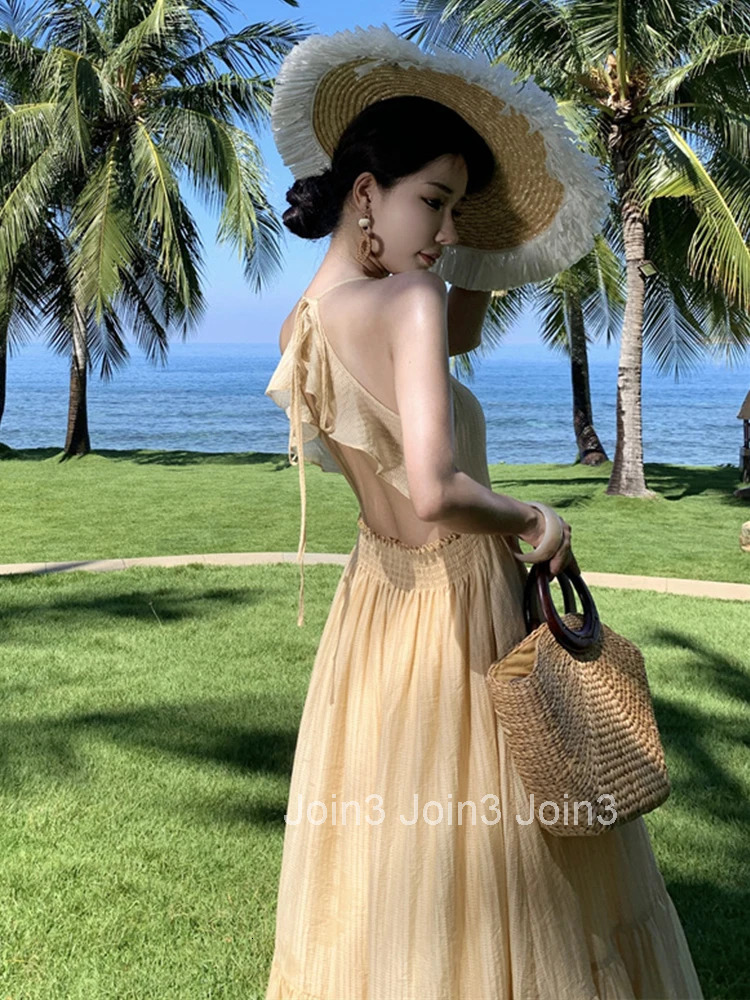 Women Vacation Clothes Sweet Sexy Sling Backless Slim A-Line Maxi Long Dress Elegant Fashion Party Prom Vestidos Robe Beach New