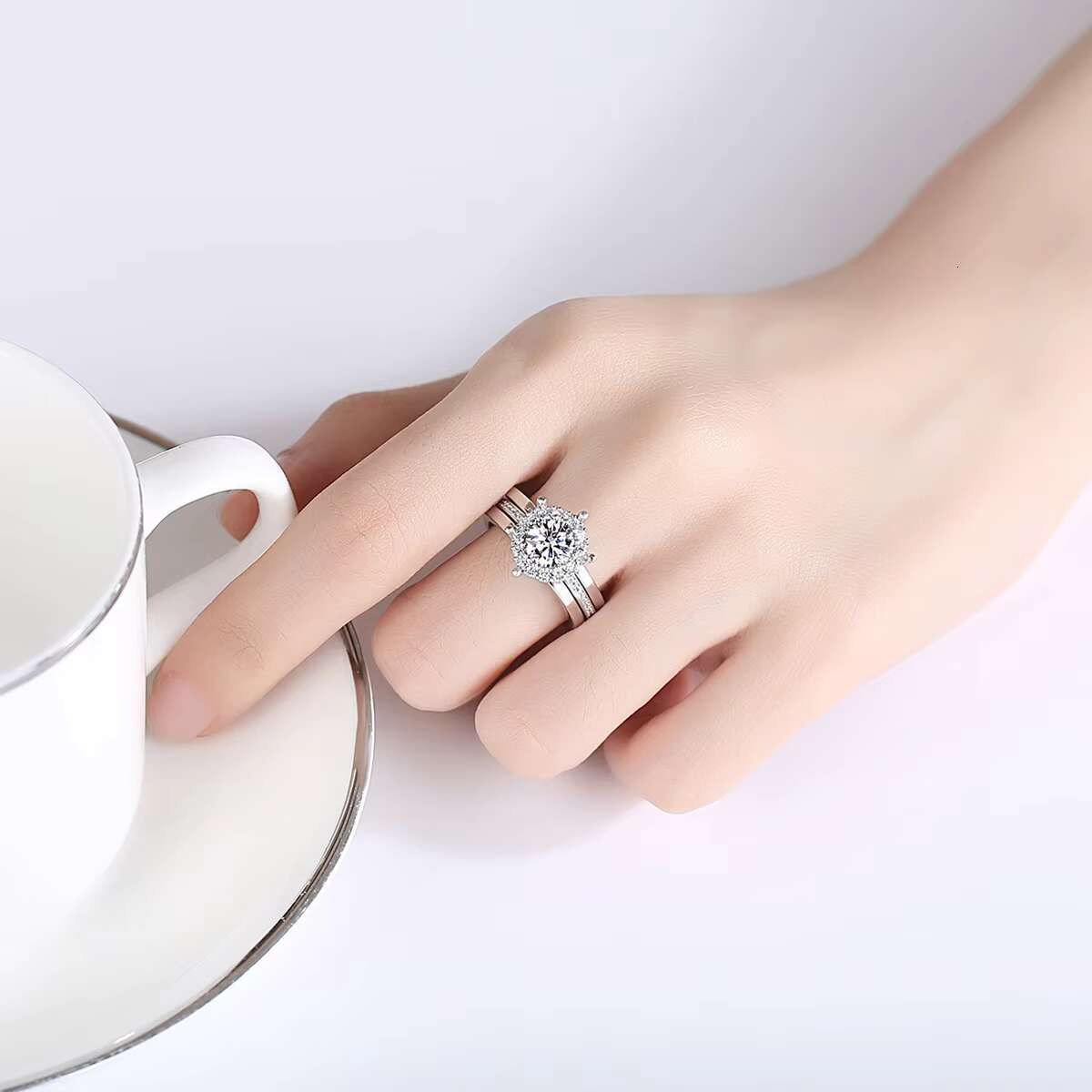 CZCITY 1ct Moissanite 925 Sterling Silver Big Cocktail Moissanite Diamond Wedding Promise Ring Set