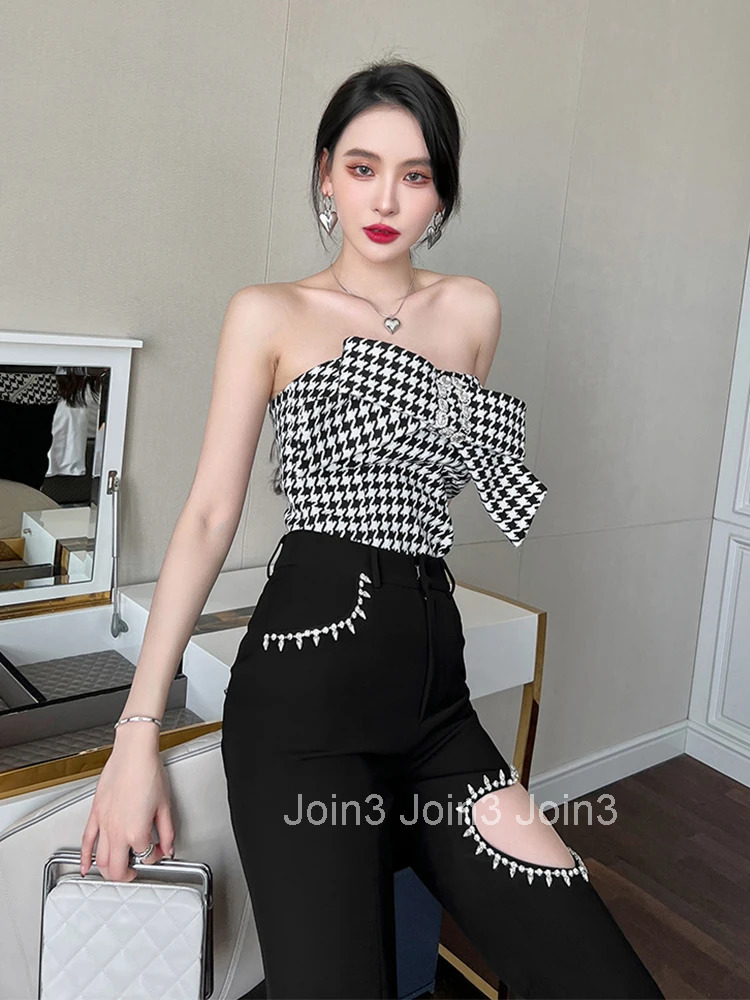 Elegant Women Sexy Party Club Ladies Clothes Strapless Blouse Houndstooth Chest Wrap Bow Diamond Coffee Break Female Short Tops