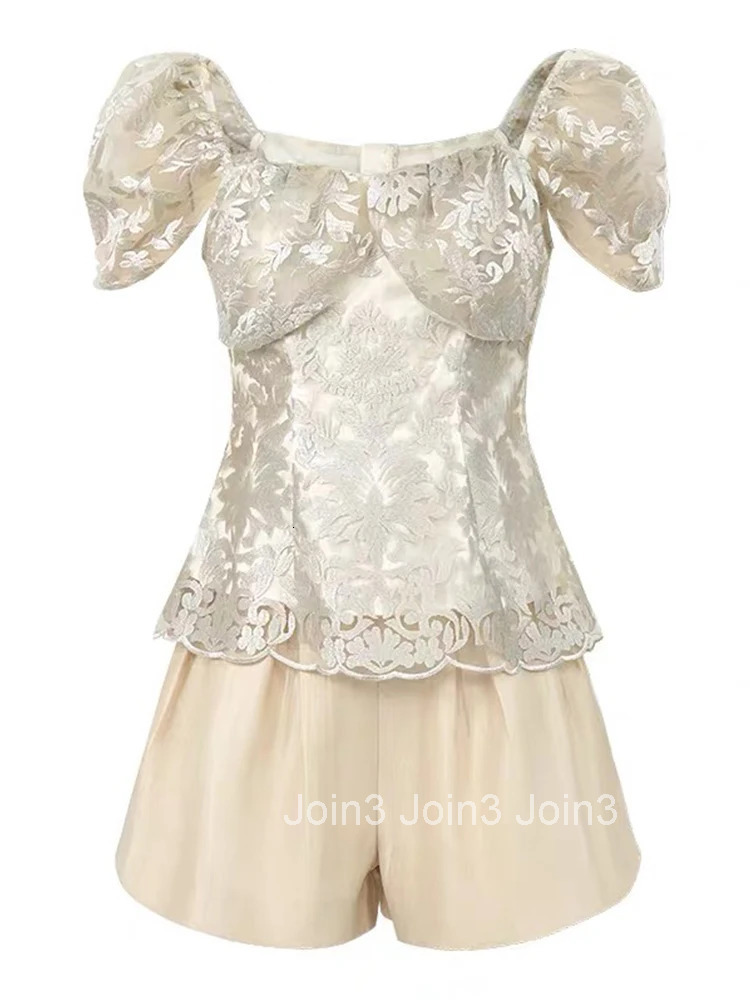 New Fashion Summer Sweet 2 Pieces Outfit Women Clothes Lace Square Collar Tops Shirt Blouse And High Waist Shorts Mujer Slim Set