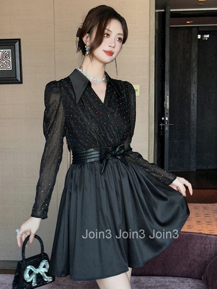 Autumn Casual Black Fake 2 Pieces Shirt A-Line Short Dress Women Clothes Elegant Sweet Bow Sexy Lapel Puff Sleeve Slim Vestidos