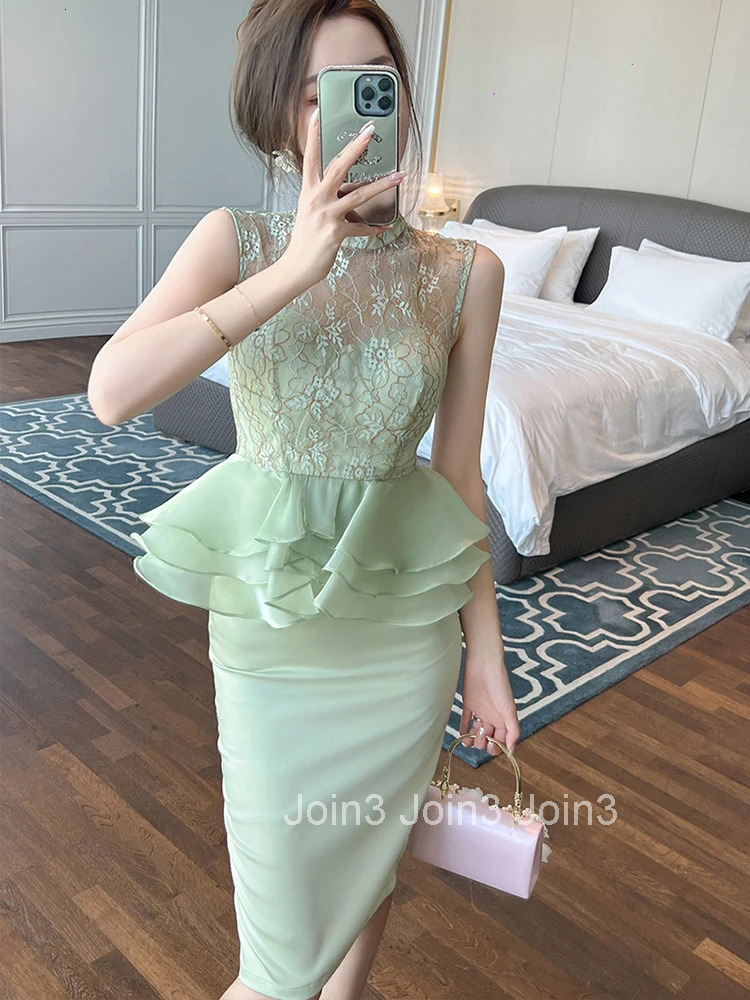 Fashion Fake 2 Pieces Summer Princess Dress For Women Elegant Chic Lace Sheer Sexy Sleeveless Slim Midi Party Prom Mujer Vestido