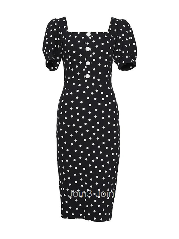 New Arrival Fashion Vintage Dot Party Dress Women Elegant Summer Square Collar Puff Sleeve Temperament Slim Simple Pencil Dress