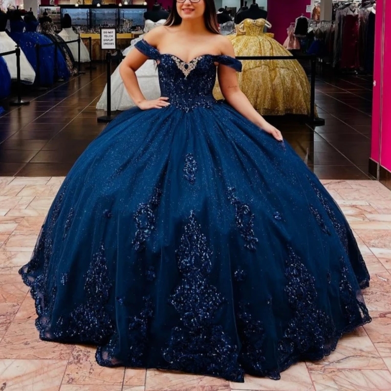 Navy Blue Shiny Princess Ball Gown Quinceanera Dresses Sequin Applique Lace Beading Crystal Tull Sweet 16 Dress Vestidos De 15 Anos