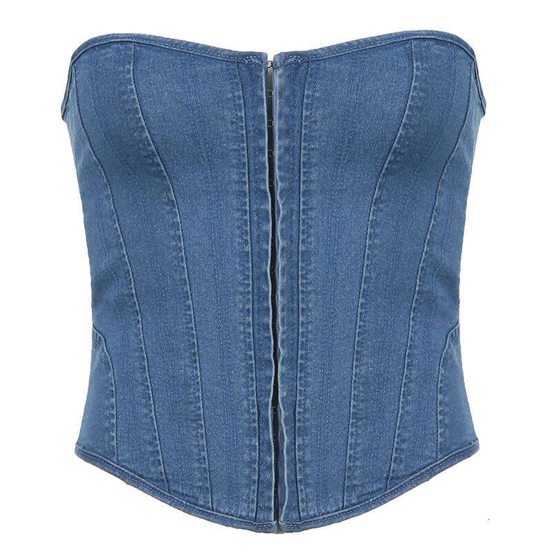 Spring/Summer New Women's Fashion Wave Neck Fishbone Slim Fit Tie Solid Color Denim Tube Top Vest B5