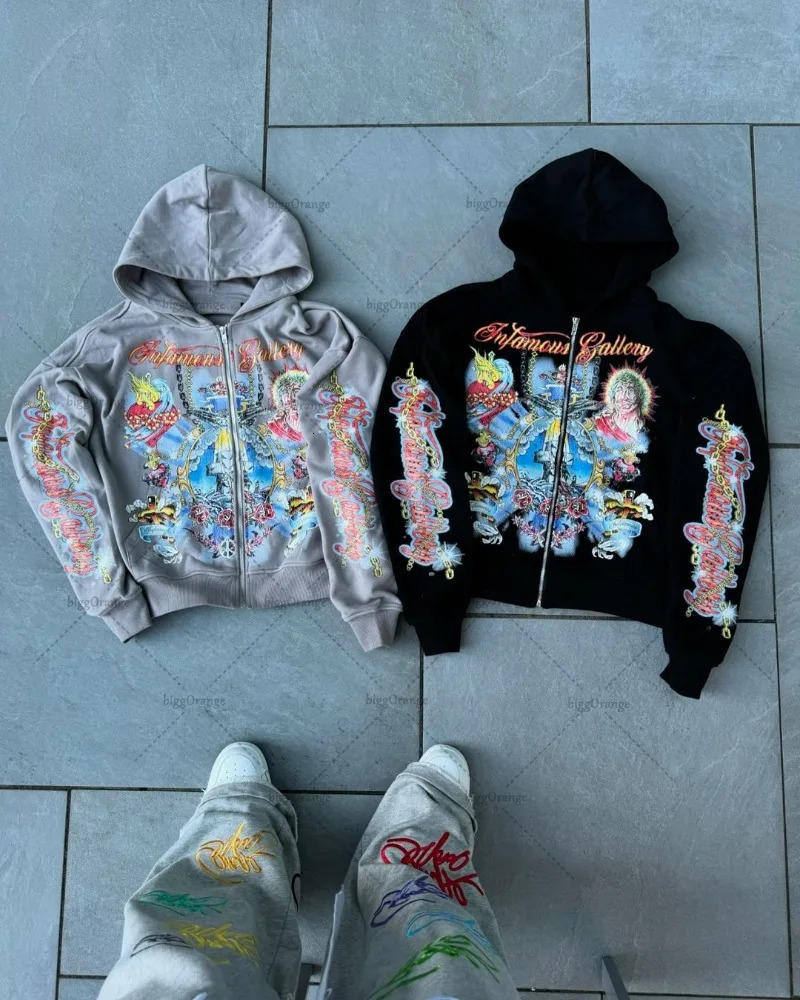 Trendy Streetwear Jacket Retro Gothic Letter Print Zipper Hoodie Men Hip-hop Punk Style Casual Oversized Sweatshirt 250618