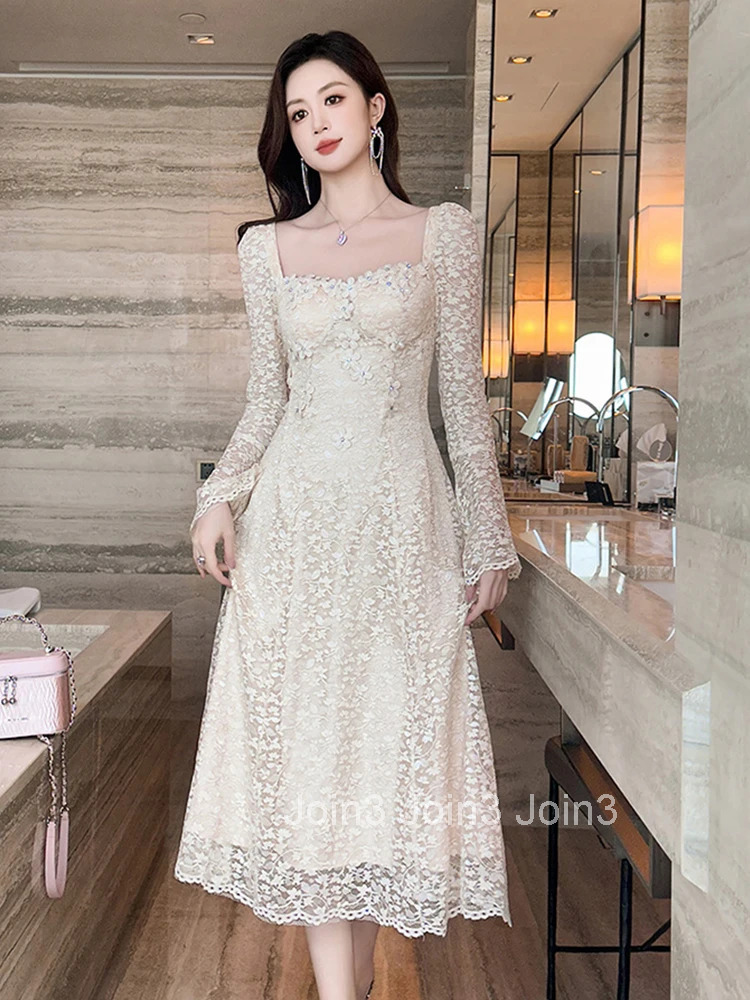 Autumn Fashion Casual Sweet Lace Square Collar A-Line Dress Women Clothes Elegant Flare Sleeve Slim Midi Robe Party Prom Vestido