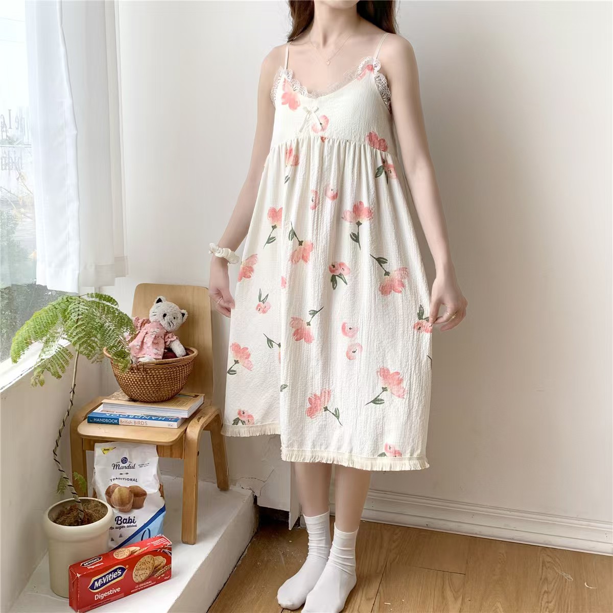 2025 women's models spring and summer sweet ins style halter mid-length loose nightgown female home dress tulips hot-sale products