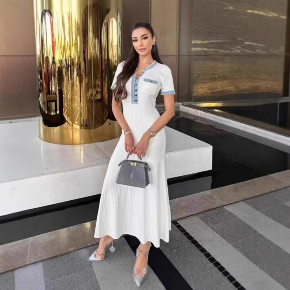 Elegant Knit Maxi Dresses Fashion Women Contrasting ONeck Short Sleeve Metal Tassel Bodycon Casual Office Lady Commute Vestidos 250616
