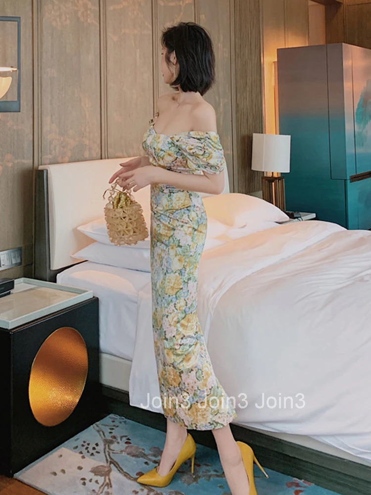 New Arrival Fashion Retro Dress Women Elegant Summer Puff Sleeve Beach Dress Temperament Lady Print Party Pencil Long Dress