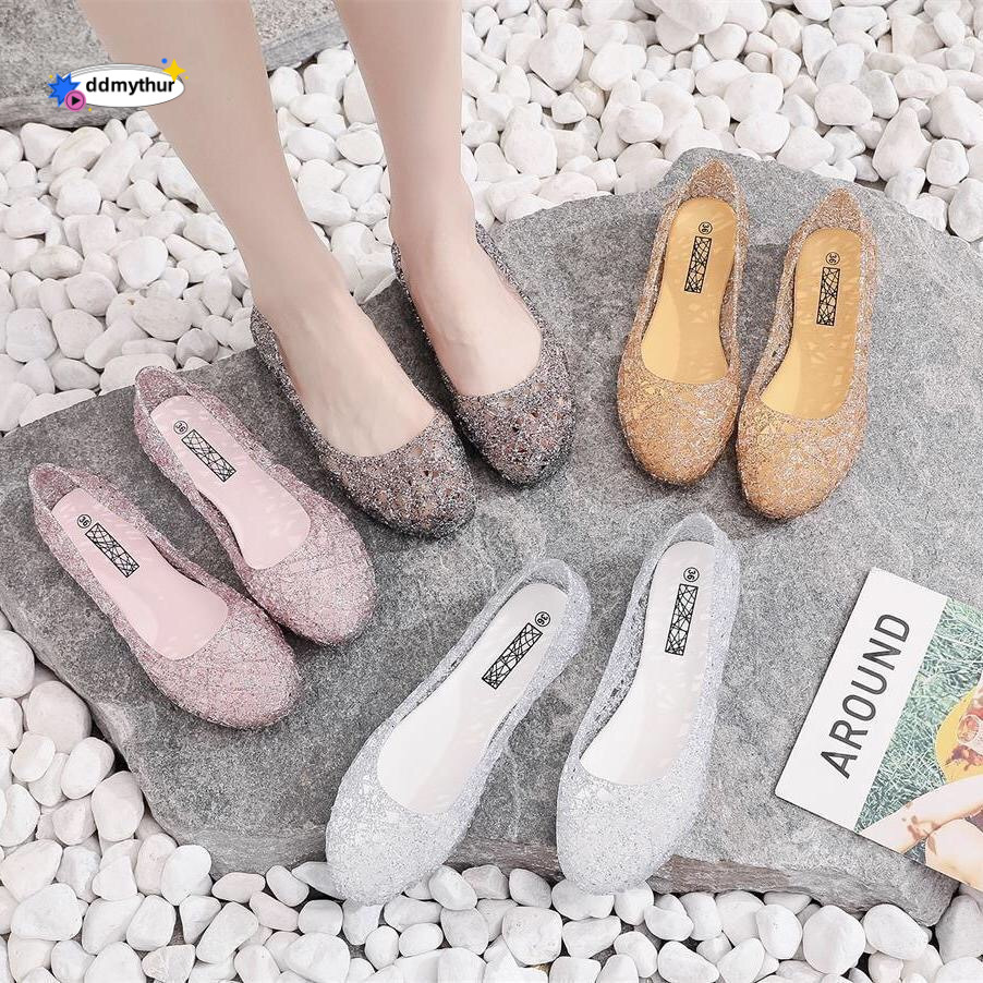 High-end Crystal Versatile Non-slip Closed-toe Sandals Hollow Flat Jelly Women's Shoes Bird's Nest Beach Clogs ddmythur