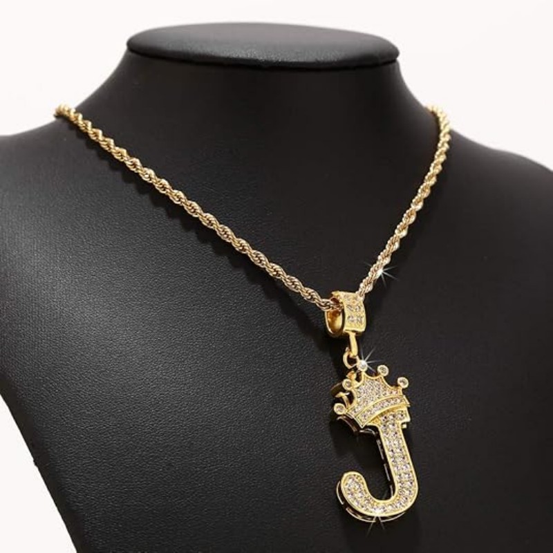 A-ZLetters Necklace Crown Necklace for Men Women 18K Gold Plated Letters Pendants with 23'' Chain Hip Hop Alphabet Name Jewelry Mom Gifts