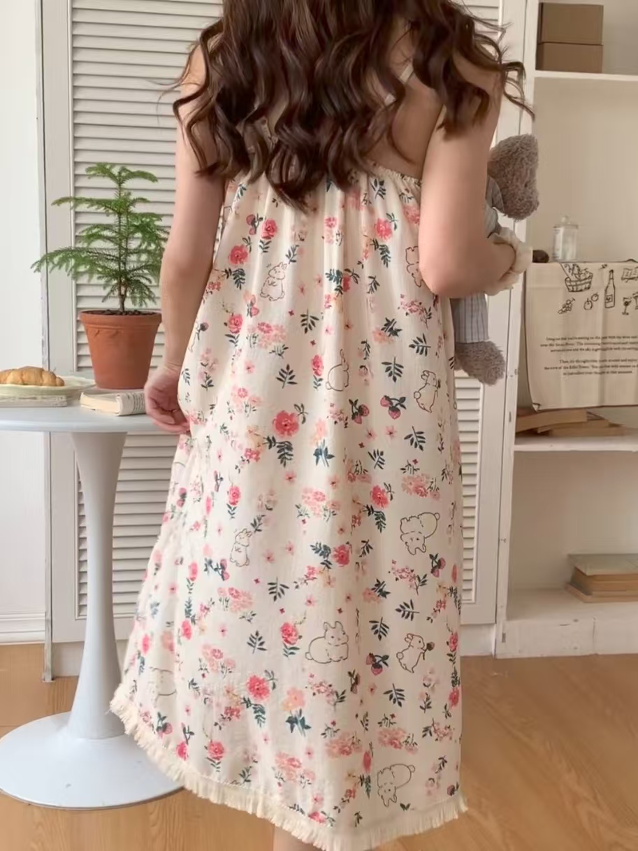 2025 women's models spring and summer sweet ins style halter mid-length loose nightgown female home dressred Kingfisher Rabbit