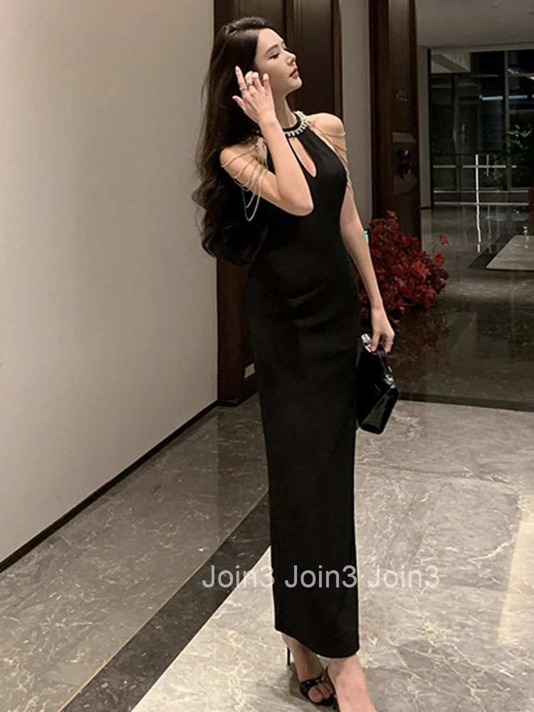 Women Clothes Black Elegant Luxury Hollow Sexy Sleeveless Slim Long Dress Fashion Evening Party Club Prom Vestidos Robe Summer