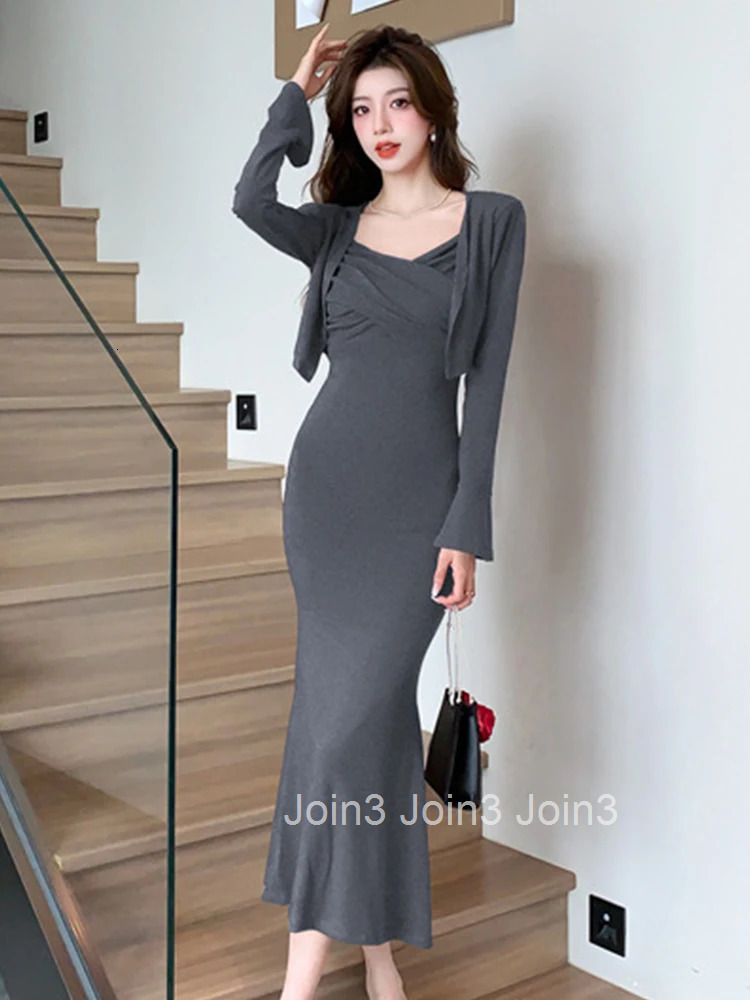 New Spring Autumn Ladies Solid 2 Piece Outfit Women Short Cardigan Tops Coat And Strap Skinny Robe Midi Dress Set Street Clothes