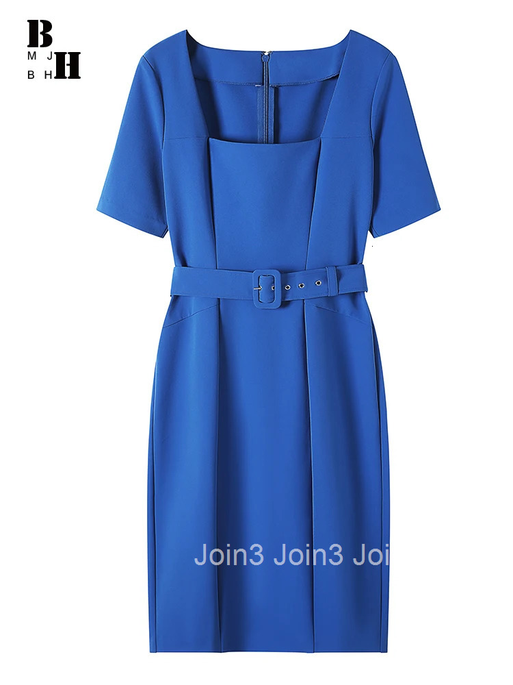 Summer Lady Work Style Formal Occasion Solid Pencil Dress Women Clothing Elegant Office Commute Square Collar Belt Slim Vestidos