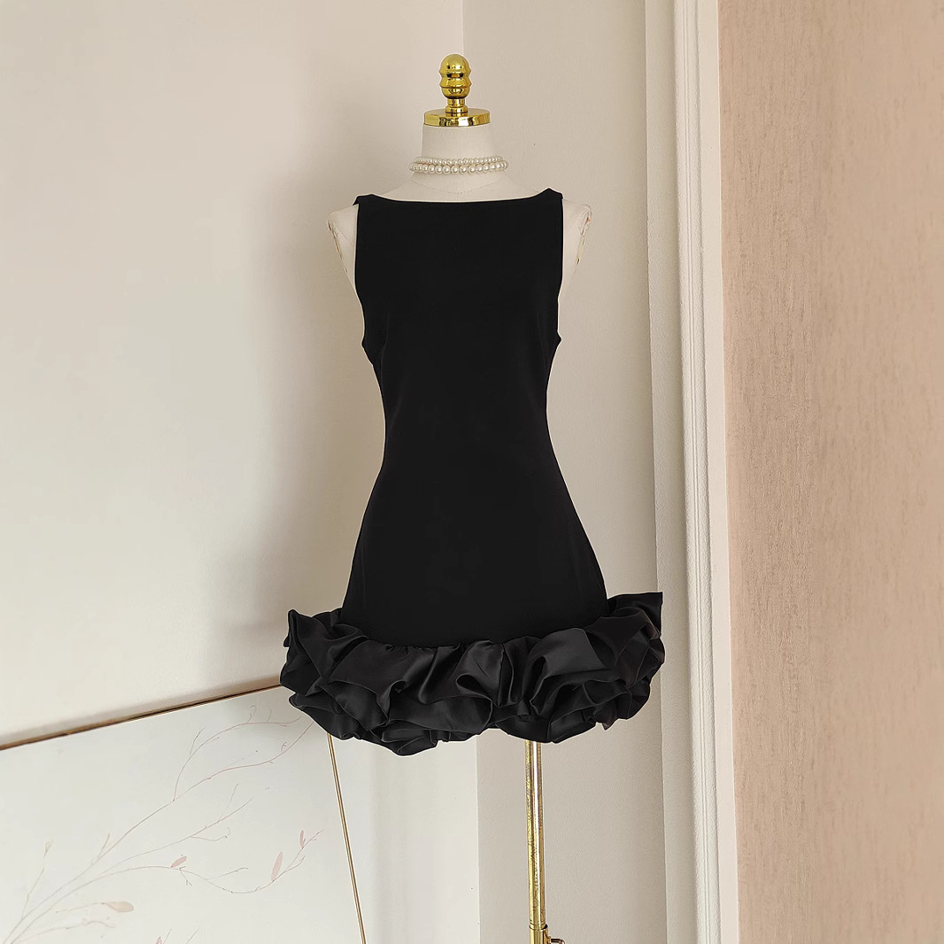 H5209 Women's simple French ruffled patchwork waist slim backless sleeveless mini dress
