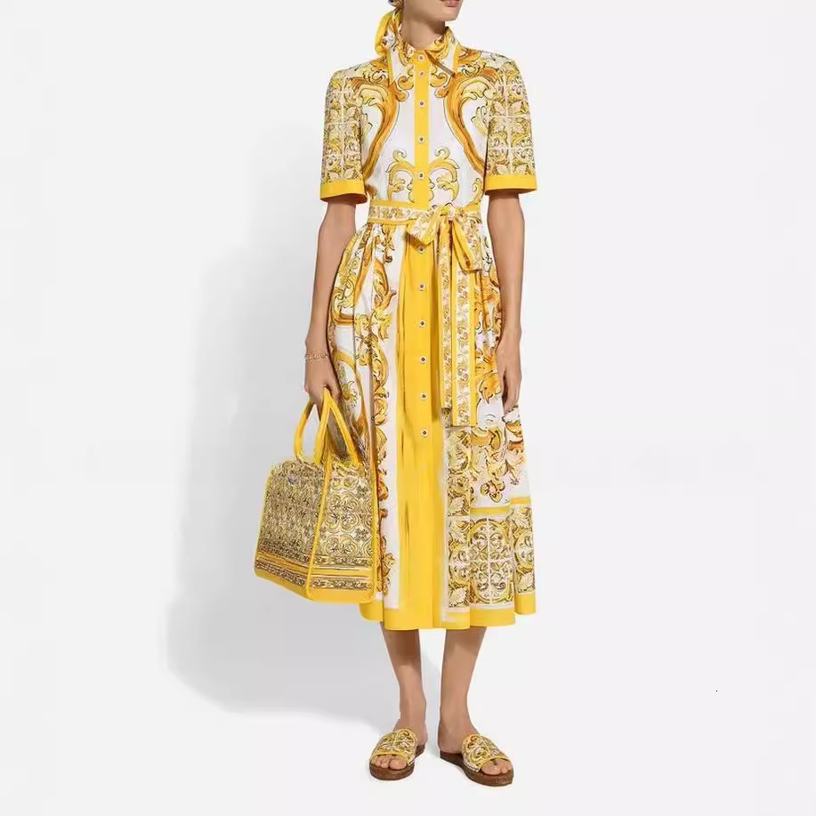 Women Organic Cotton Half High Collar Paisley Printed Midi Dress with Sashes 250121