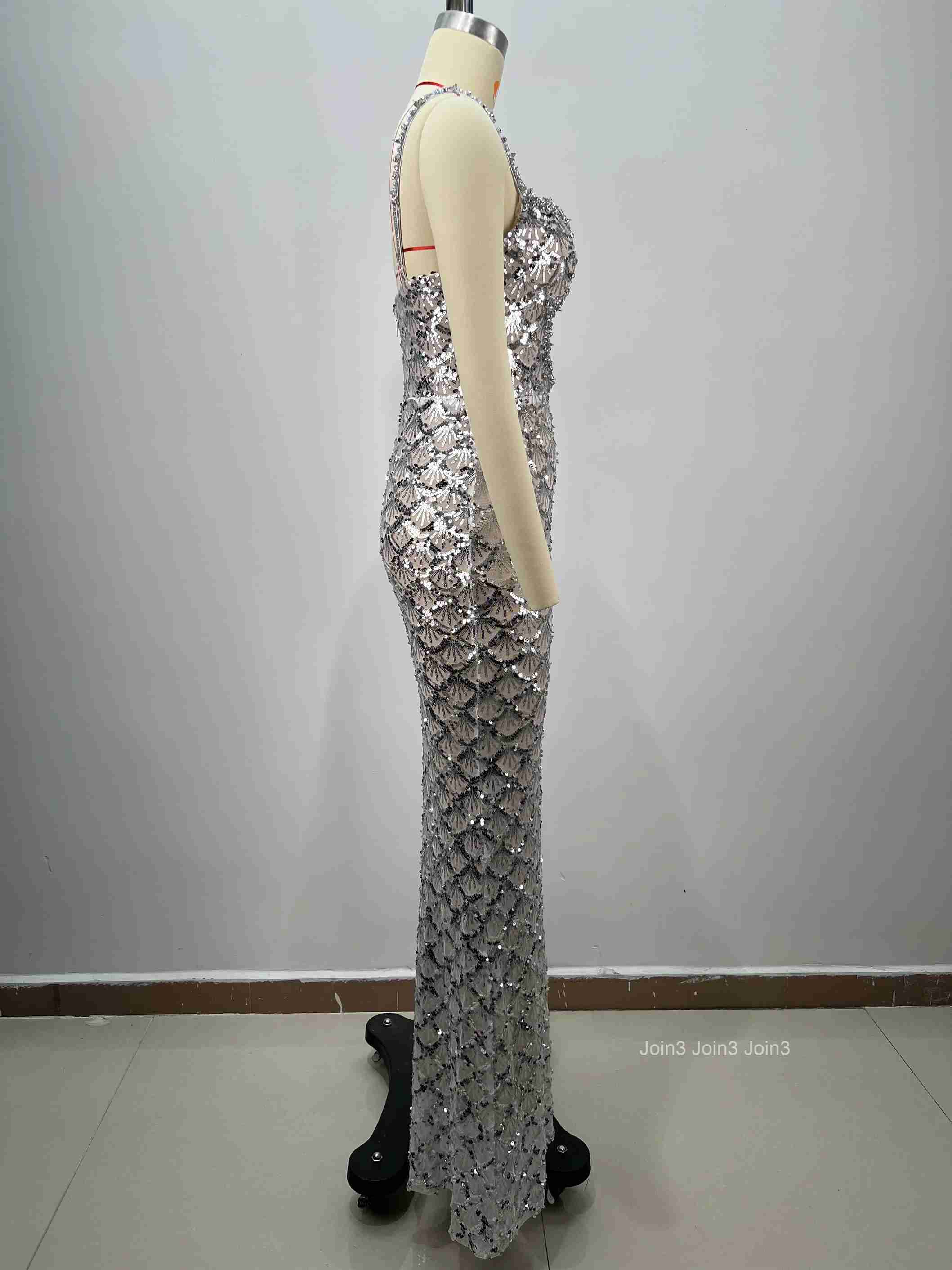 Pearl White Illusion Evening Gown Crystal-Embroidered Sequined Bridal Dress w/Deep V Neck - Wedding Gala Formal Attire