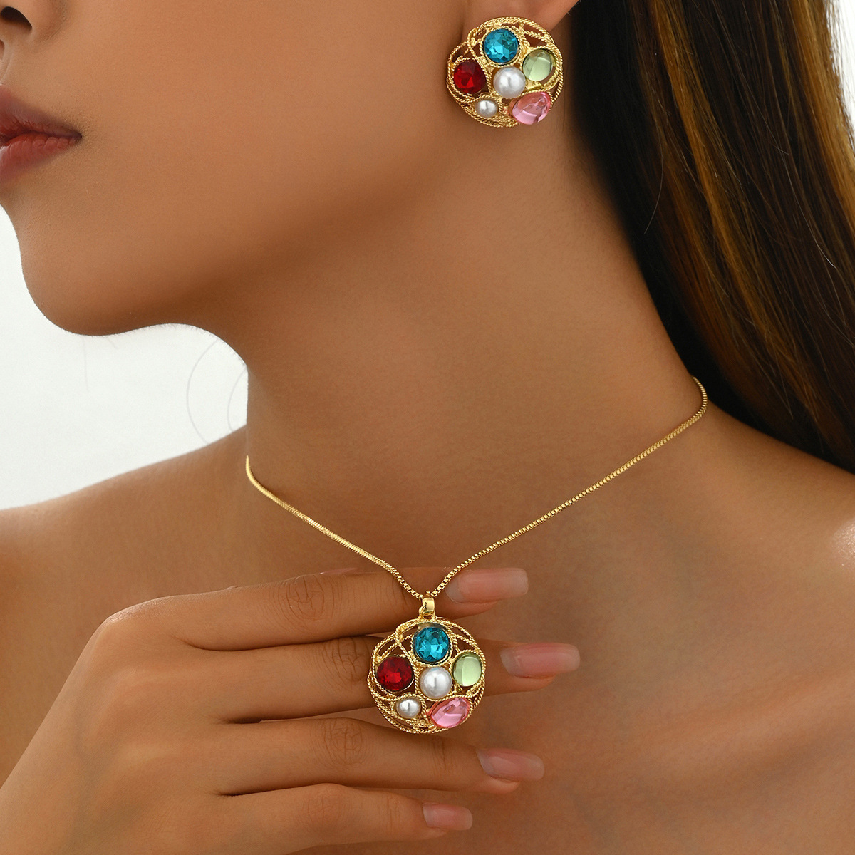 Women's Jewelry Set Inlaid Wrapped Design Long Necklace Pendant Earrings