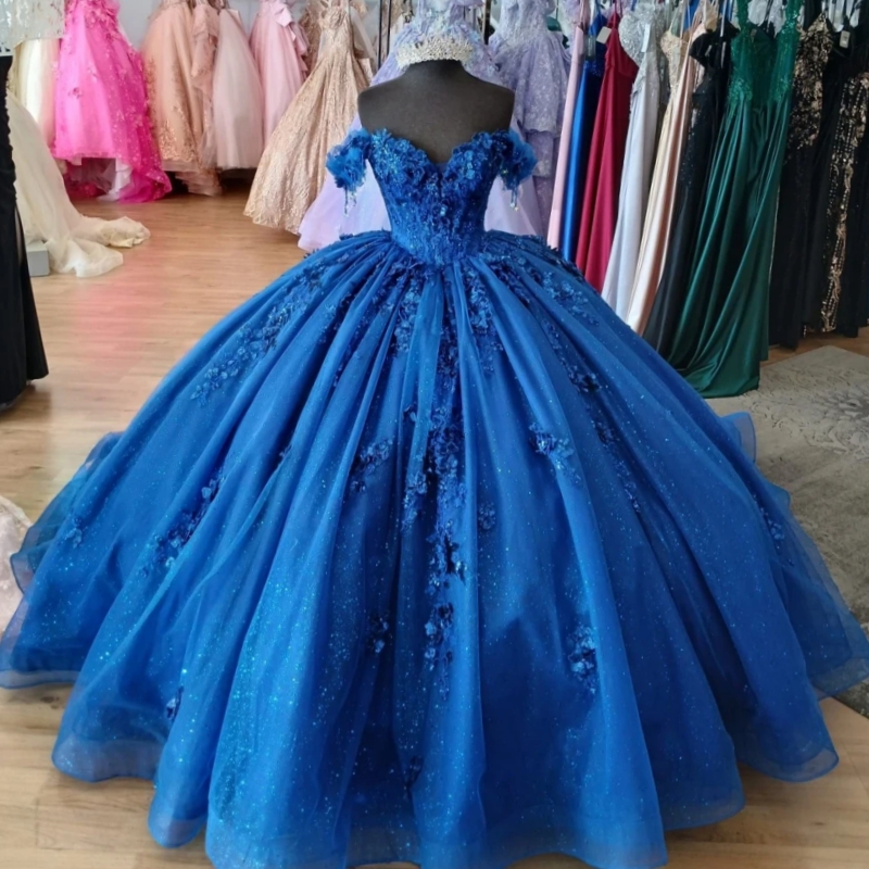 Royal Blue Shiny Princess Ball Gown Quinceanera Dresses Floral Applique Beaded Corset Tull Sweet 16 Dress Vestidos De 15 Anos