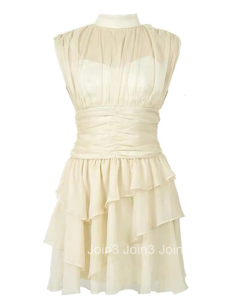 New French Round Neck Irregular Ruffle Chiffon Fairy Evening Dress Women Clothes Sweet Sexy Sleeveless Slim Party Prom Vestidos