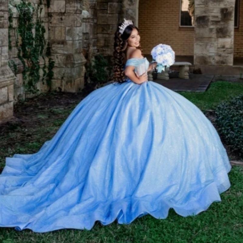 Sky Blue Shiny Ball Gown Quinceanera Dresses Glitter Beaded Crystal Tull Sweet 16 Dress Vestidos De 15 Anos
