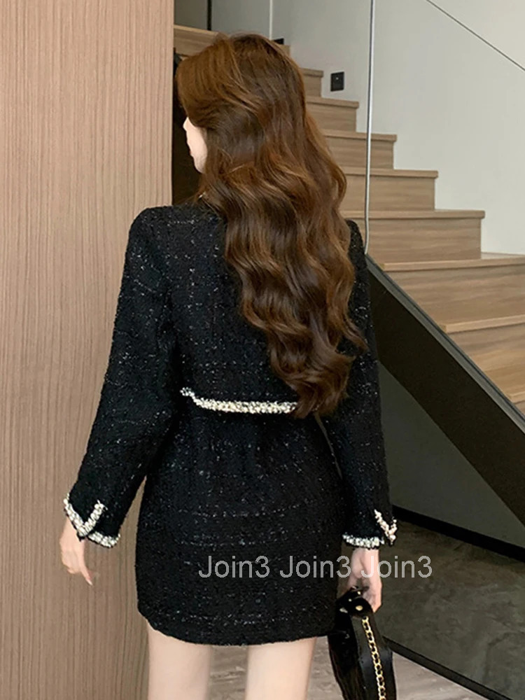 Fashion Ladies Vintage Black Tweed 2 Pieces Outfits Women Clothing Coat Tops Jacket Outwear And Sexy Strap Mini Dress Short Set
