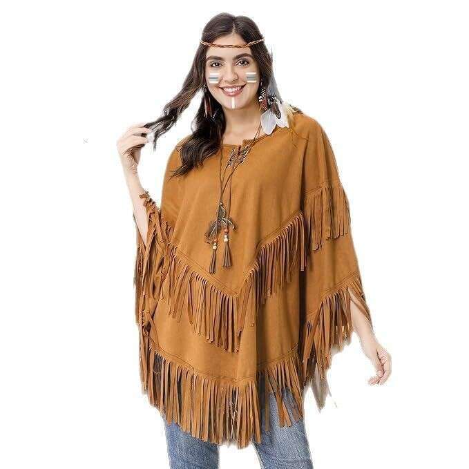 Carnival Hippie Halloween Indigenous Indian Suede Vest Top Tassel Shawl Cape B5