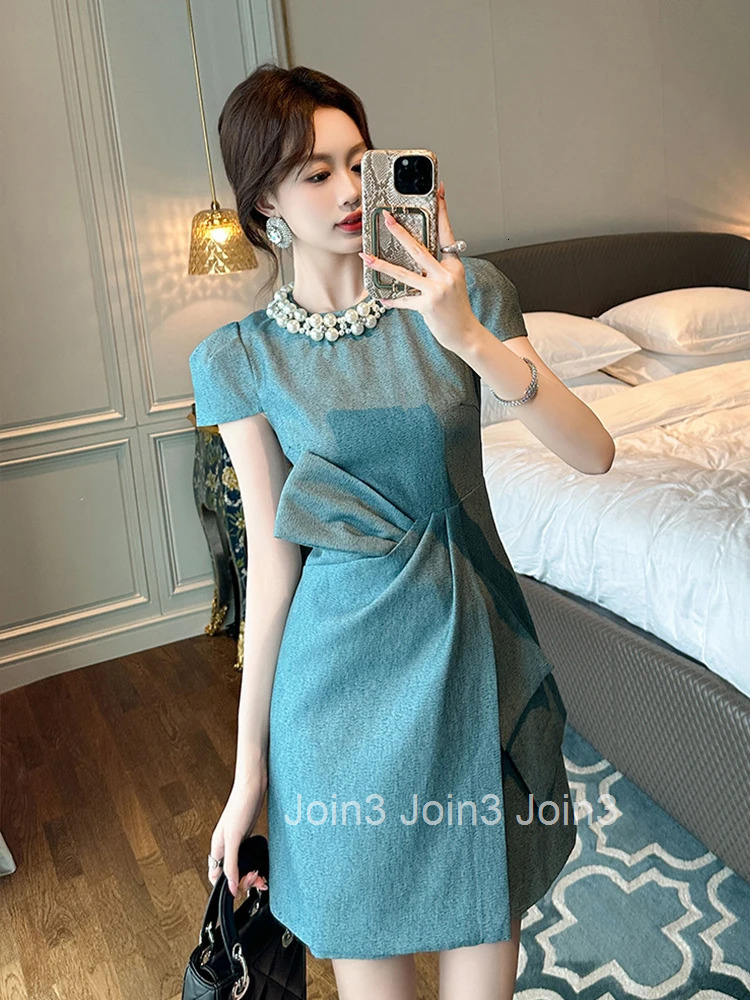New Elegant Luxury Summer Busines Formal Occasion Dress Women Clothes Pearl O-Neck Slim Asymmetrical Party Prom Vestidos Fiesta