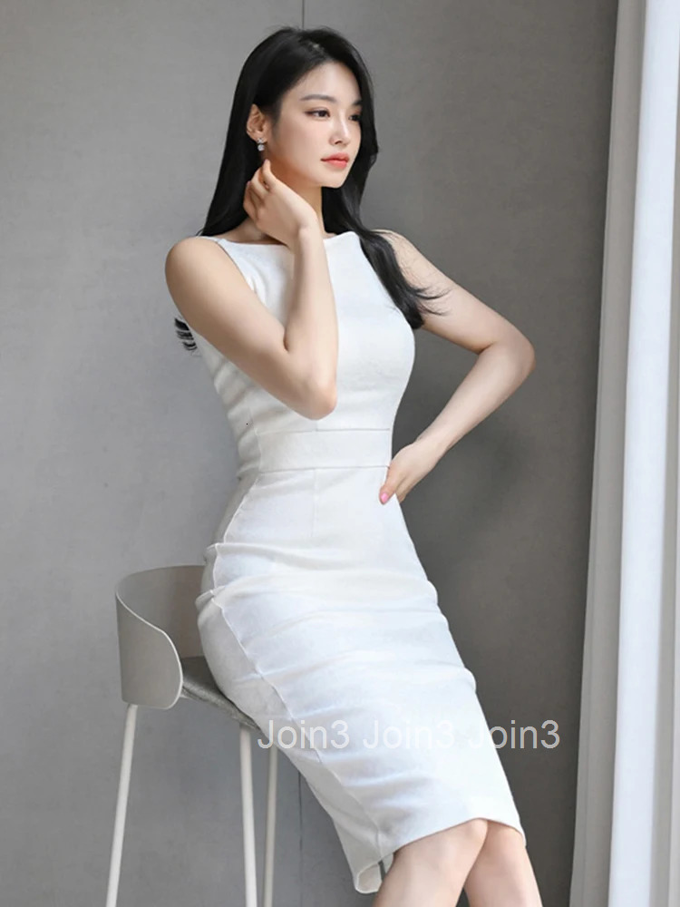 New Summer Fashion White Work Style Formal Pencil Dress Women Clothes Elegant Office Simple Sexy Sleeveless Slim Midi Vestidos