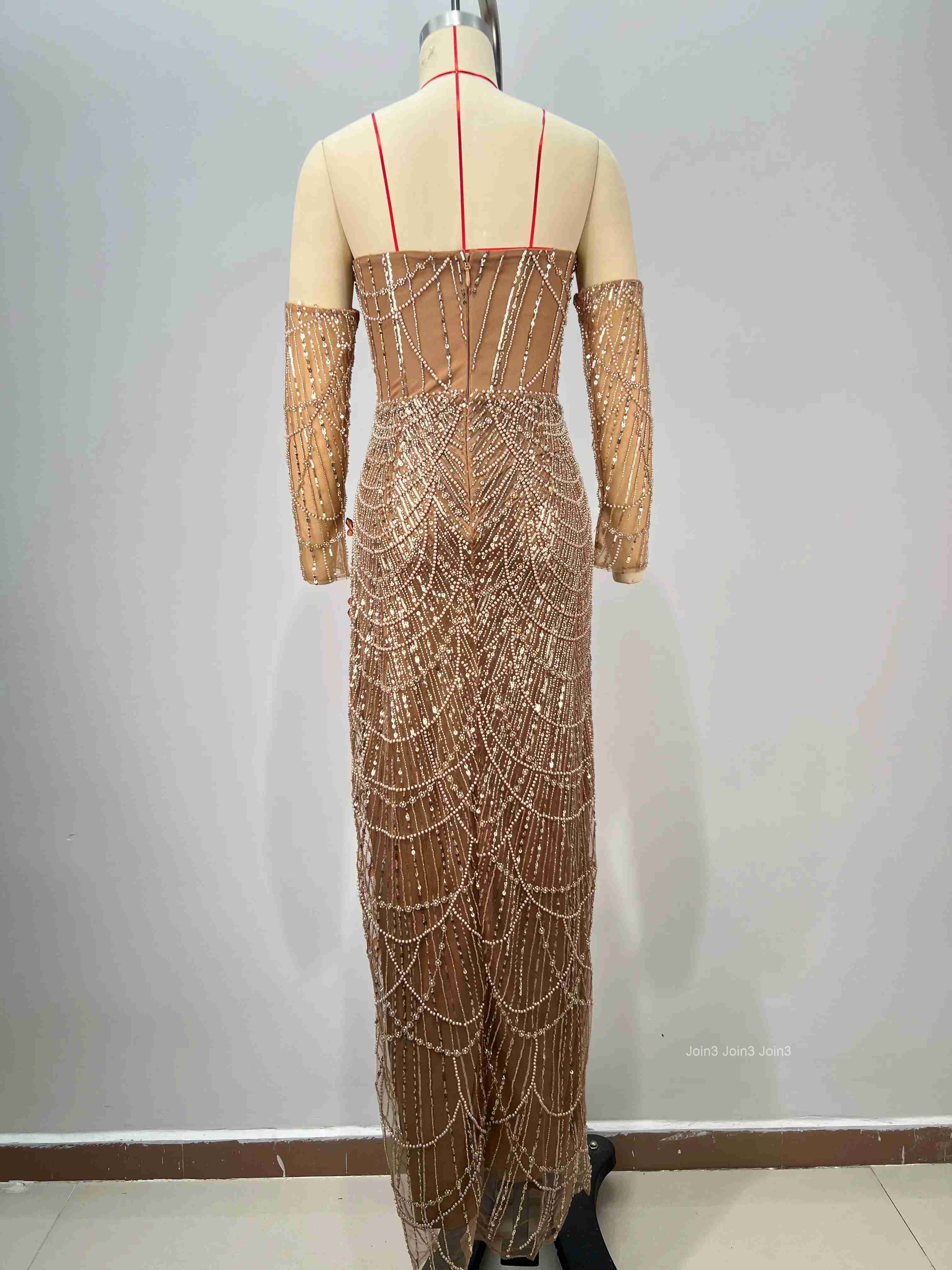 Womens Champagne Bandage Dress Halter Neck Sequin Long Sleeve High Slit Fitted Evening Gown Formal Party Dress