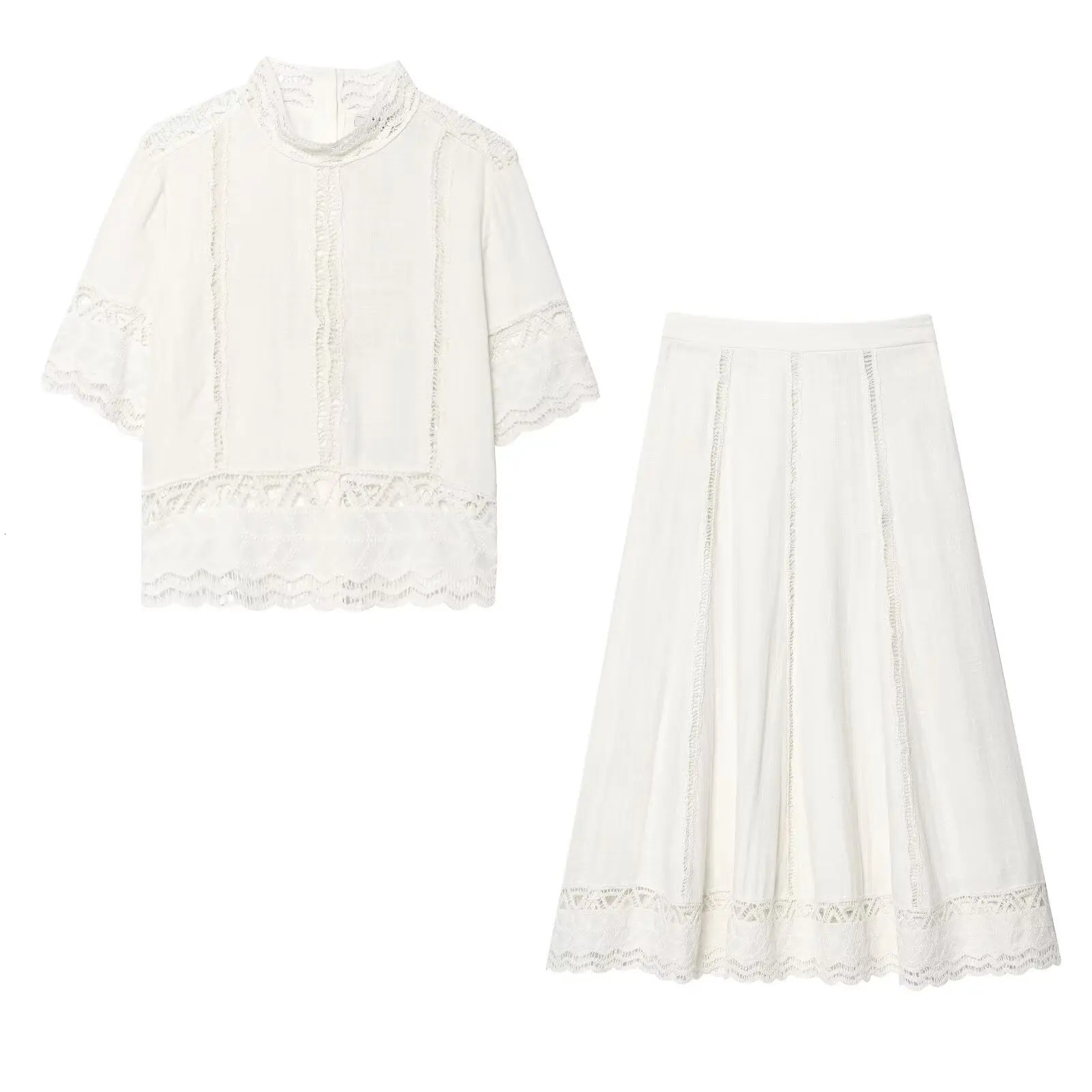 MYST ZA2025 summer womens casual fashion versatile hollow crochet details standup collar short shirt with skirt 250614