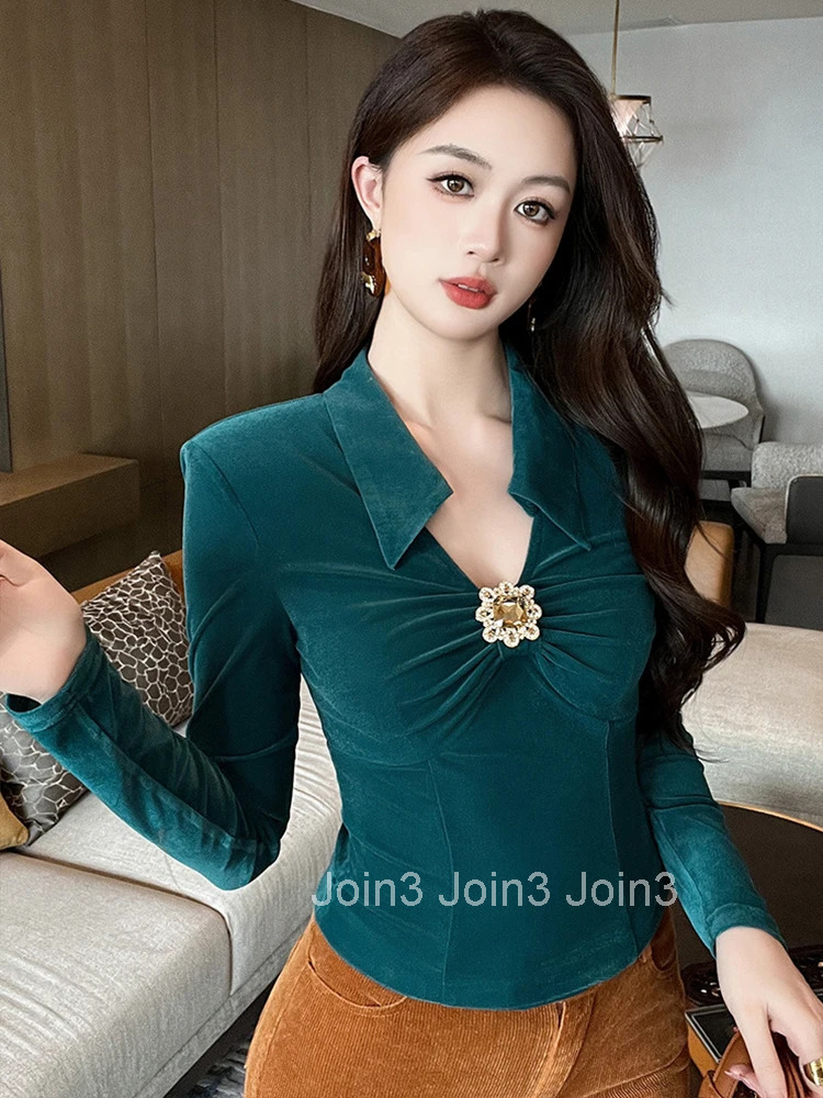 Women Clothes Sexy Solid Color Velvet T-Shirt Elegant Lapel Blouse Female Folds Tops Bottoming Slim Pullover Jumper Spring New