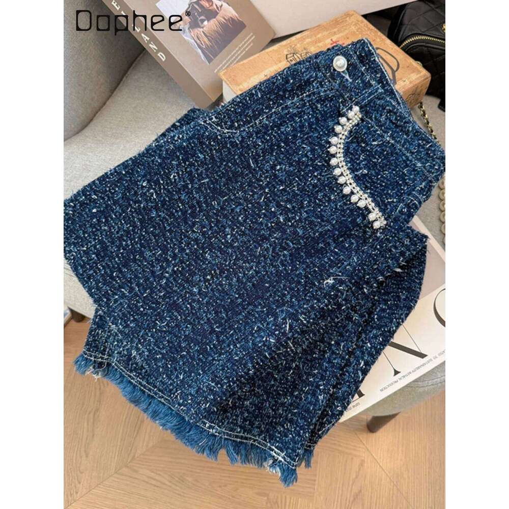 Hong Kong Style Spring Autumn OL High-End Tweed High-Waisted Pearl Rhinestone Pocket Straight Jeans Korean Chic Wide Leg Pants