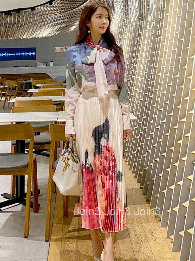 New Korean Fashion Work Style Print 2 Pieces Outfits Women Clothes Elegant Office Loose Tops Shirt Blouse And Pleated Skirt Set