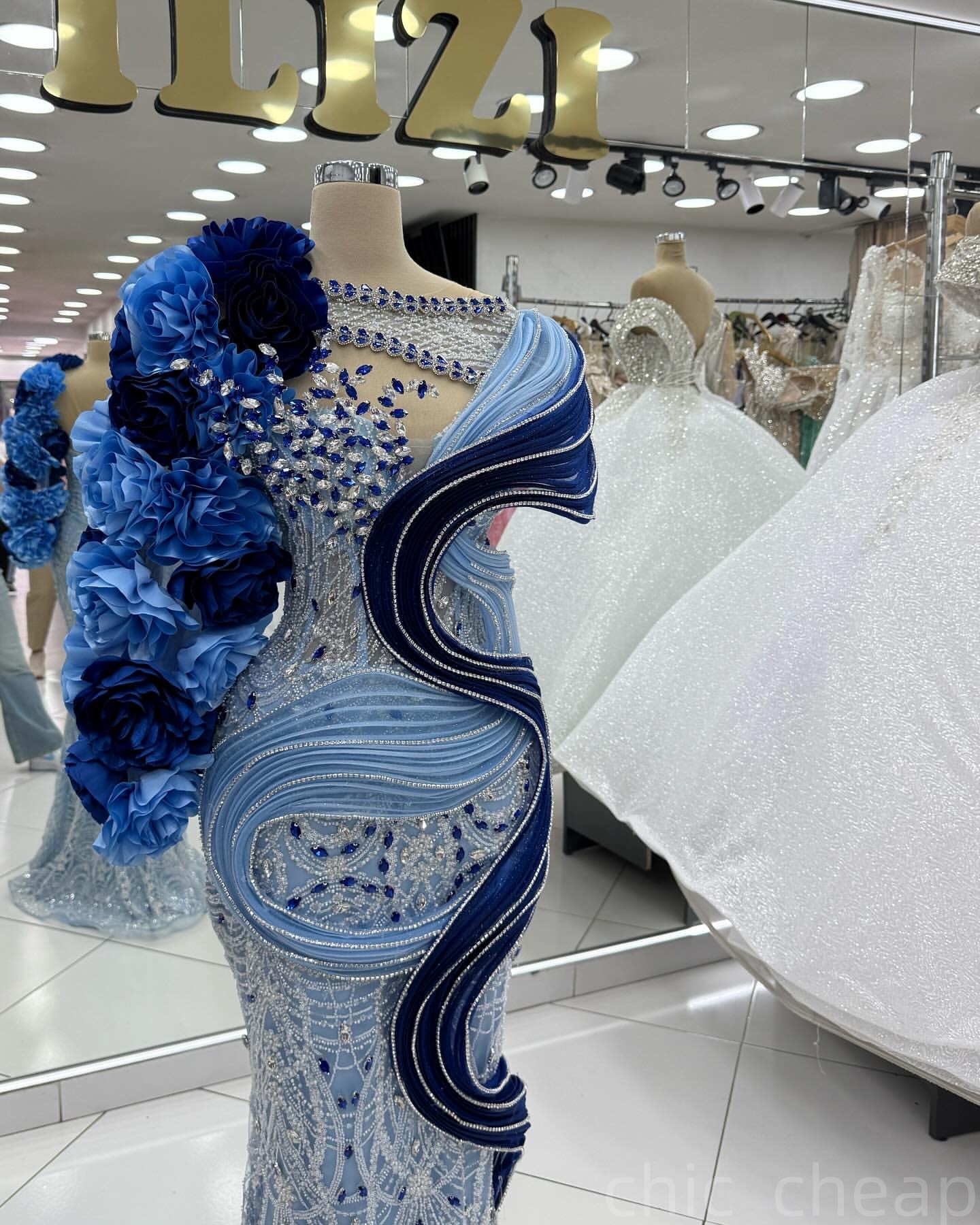 Light Sky Blue Mermaid Prom Dresses 2025 Flowers Crystals Sequined Evening Formal Party Second Birthday Engagement Gowns Plus Size Dress For Special O