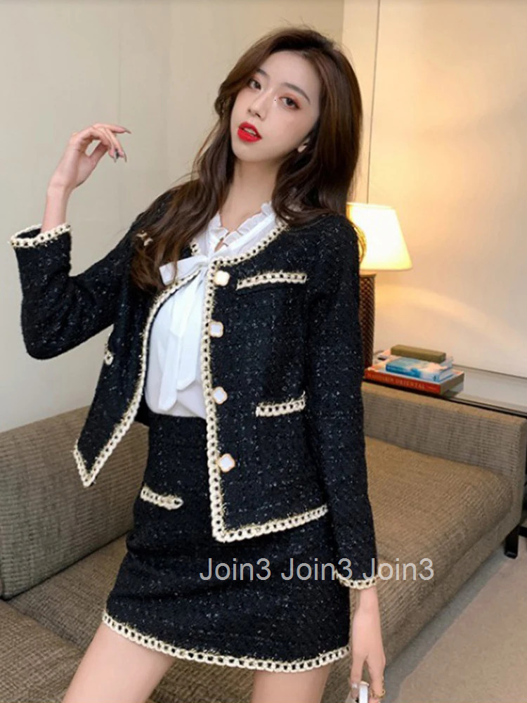 New Fashion Spring Ladies Black Tweed Vintage 2 Pieces Outfit Women Short Coat Tops Jacket Outwear And Mini Skirt Mujer Slim Set