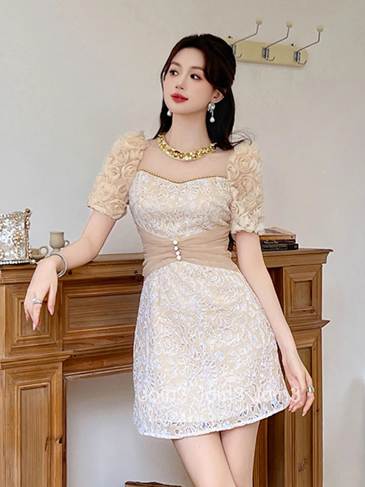 Elegant Luxury Sweet Lace Evening Dress Women Clothes New Summer Floral Puff Sleeve Slim Mini Short Party Prom Vestidos Fiesta
