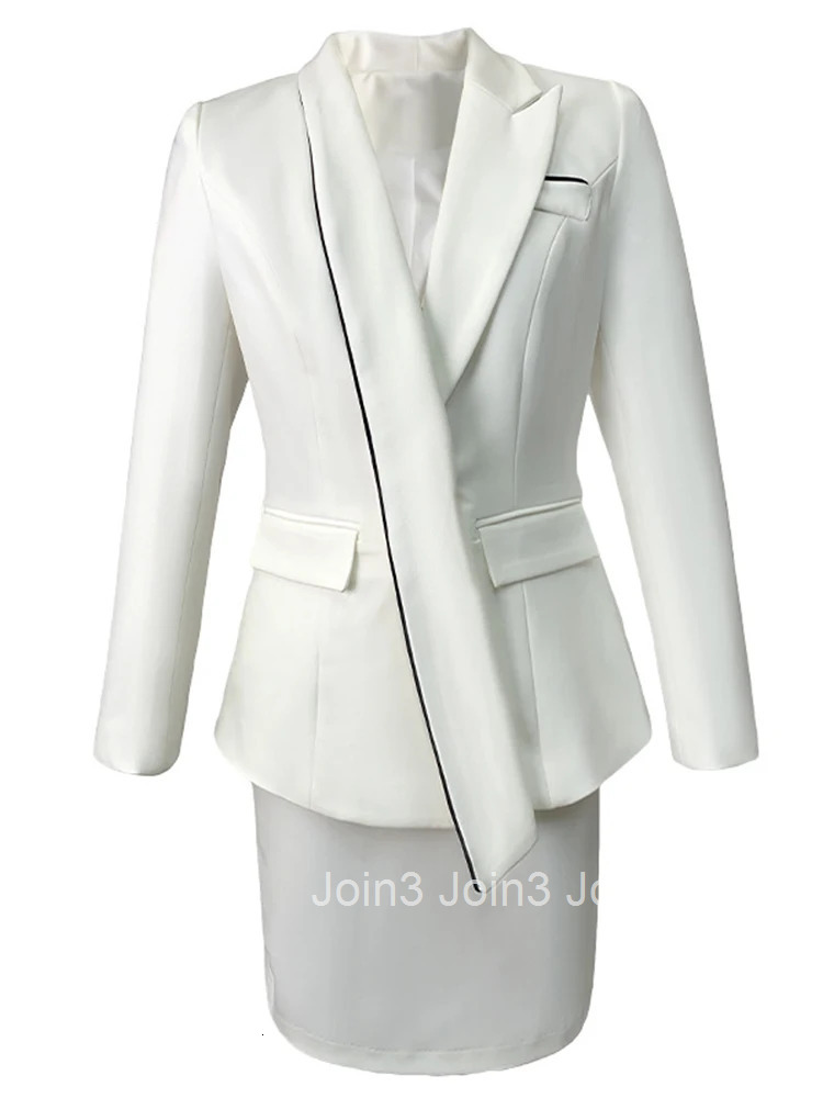 Fashion Korean Style Vintage Women White Temperament Notched Neck Coat Jacket Suit Blazer High Waist Skirt Female 2 Pieces Set