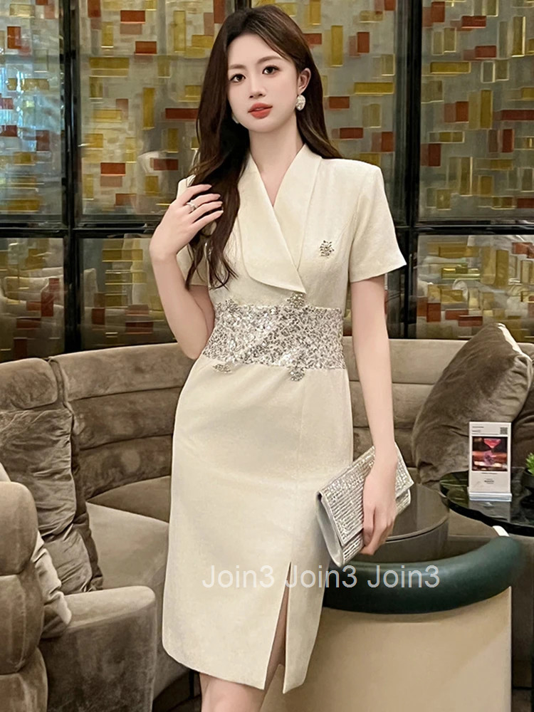 Women Clothes Business Formal Occasion Sequin Splicing Short Sleeve Slim Midi Pencil Dress Elegant Fashion Vestidos Summer New