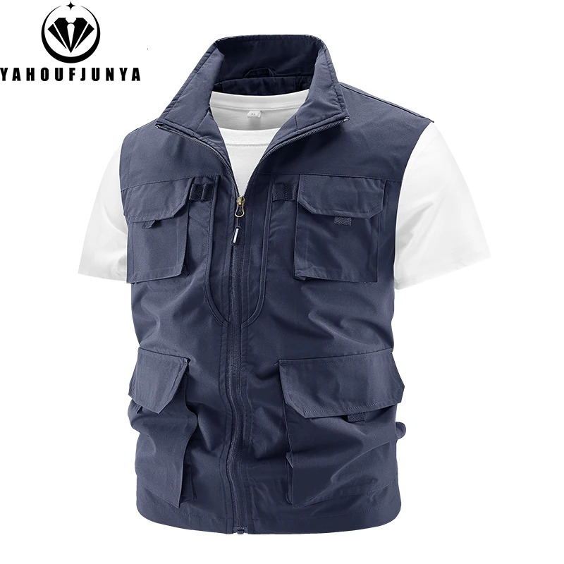 Summer Men Fishing Multiple Pockets Solid Stand Collar Vest Men Sleeveless Outdoor Casual Breathable Zipper Vest Male Coat 250617
