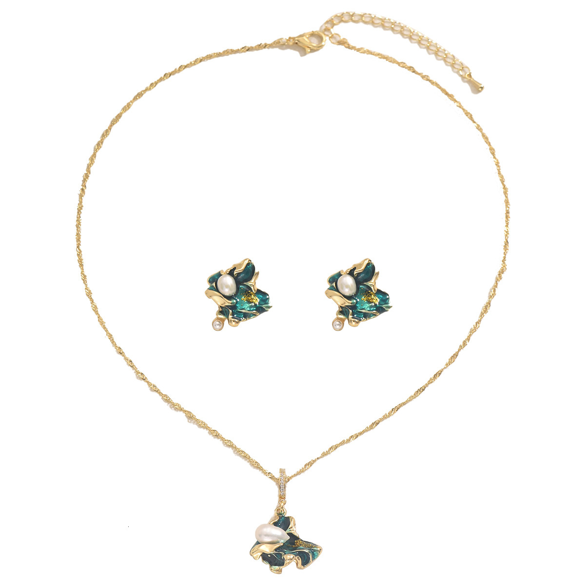 Fashion Style Women's Oil Drip Geometric Necklace And Earring Set Pearl Inlaid Design Choker