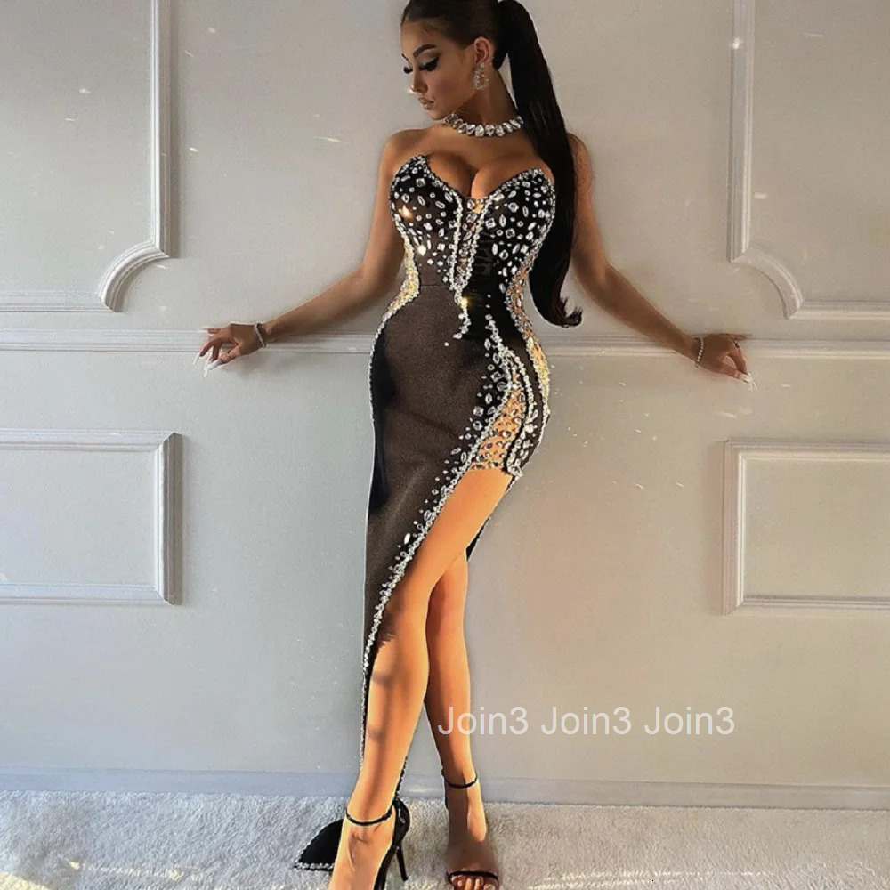 Womens Rhinestone Beading Embellished Lace Sheer High Side Split Dress Sexy V-Neck Flash Club Party New Summer 2025