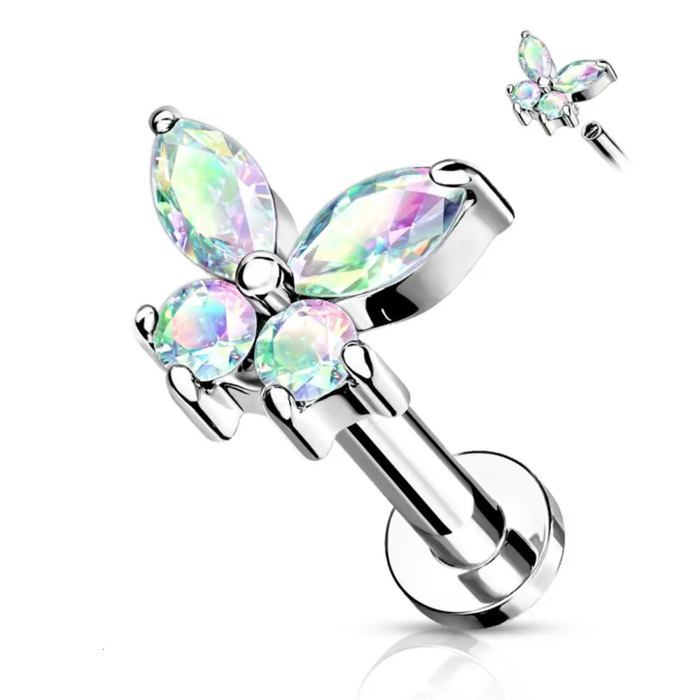 1PCS Butterfly Labret Piercing Lip Stud Cluster Crystal Tragus Earring Flat Cartilage Earrings Zircon Jewelry 250613