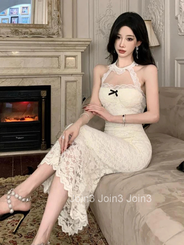 Women Clothes Sweet Lace Floral Sheer Sexy Halter Backless Slim Maxi Long Dress Elegant Ladies Fashion Party Prom Vestidos Robe