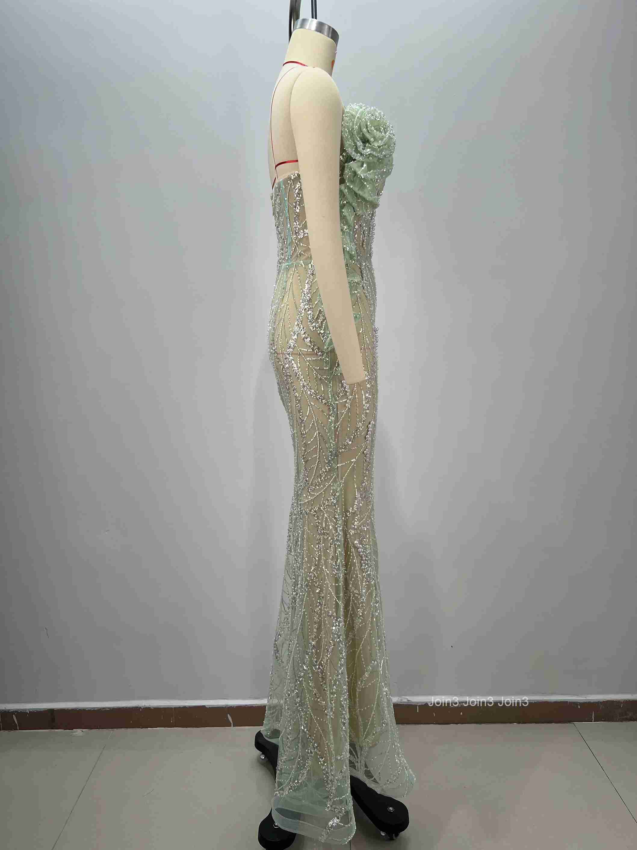 Womens Light Green Bandage Dress Sheer Tulle Leaf Embroidery Thin Straps Backless Mermaid Gown Green Accent Formal Party